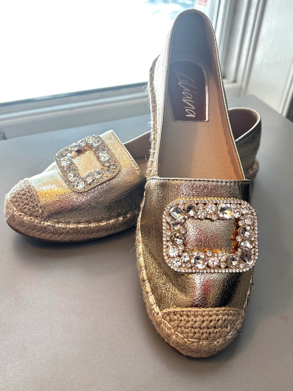 New Liliana Metallic Gold Rhinestone Buckle Espadrille Flats Size 9